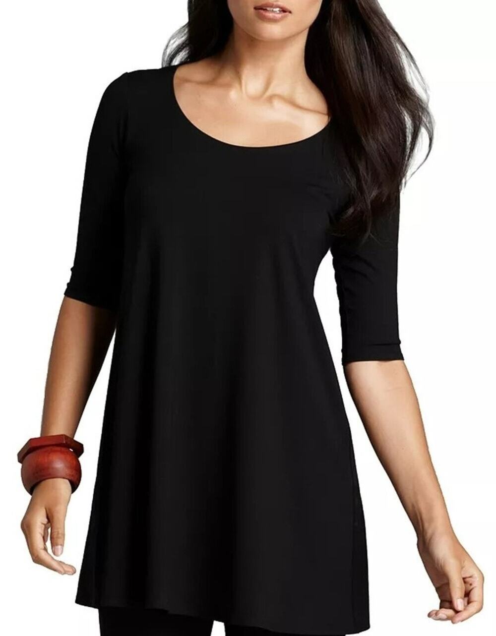 Eileen Fisher Tunic Shift Dress Extra Small Blck 3/4 Sleeve Rayon Stretch Jersey